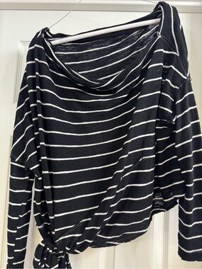 Free People Black and White Striped Long Sleeve Tie-Hem Top